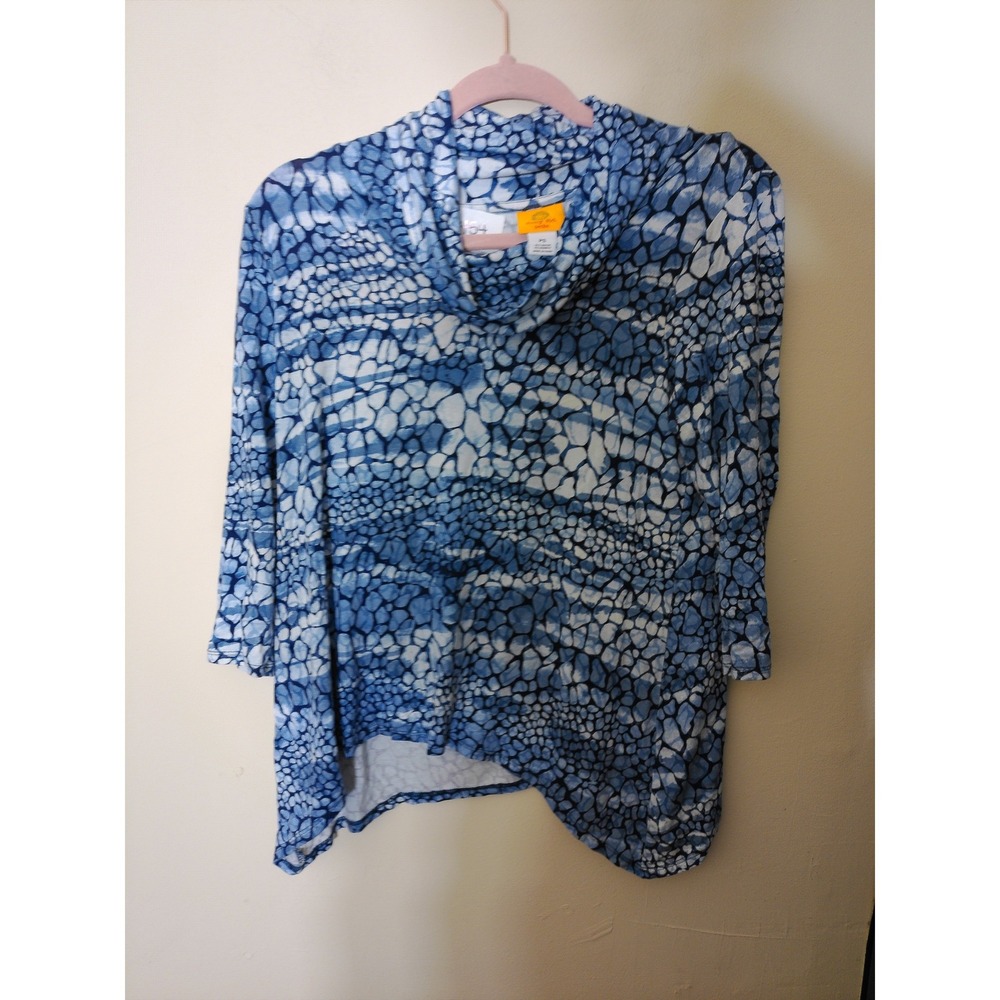 Ruby Rd. Cowl Neck Top Women PS Blue Pebble Print Long Sleeve Career Casual